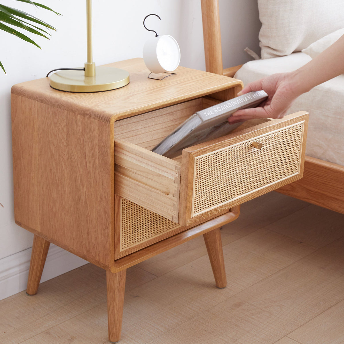 Pure Solid Wood Bedside Cabinet with Rattan Detail - Natural Wood