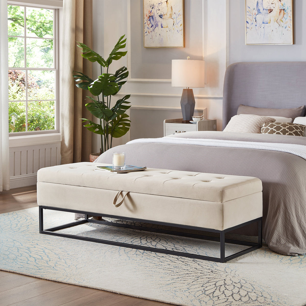 58.6" Velvet Storage Bed Bench with Metal Base - Black