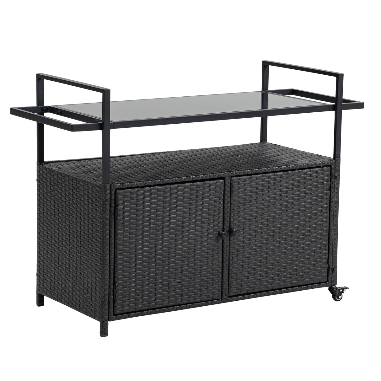 Outdoor Wicker Bar Cart with Glass Top and Wheels