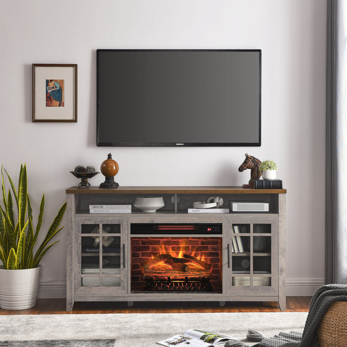 55 Inch TV Media Stand with Electric Fireplace