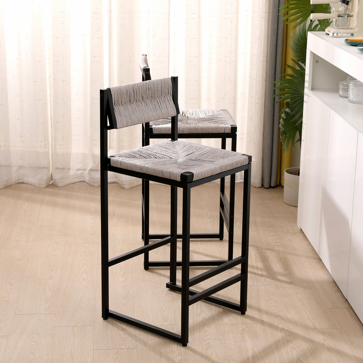 Gray Set of 2 Hand Weave Bar Stools with Back