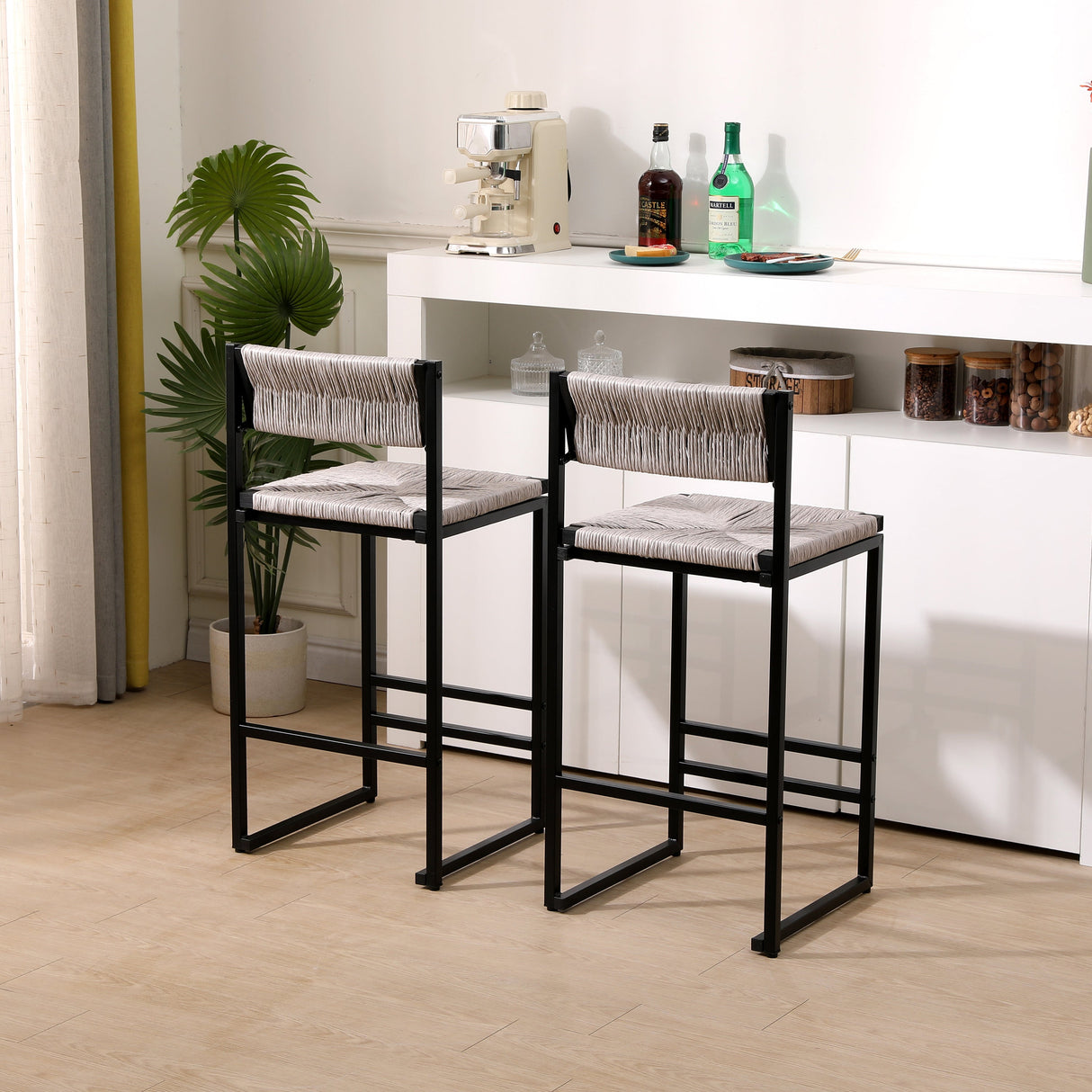 Gray Set of 2 Hand Weave Bar Stools with Back