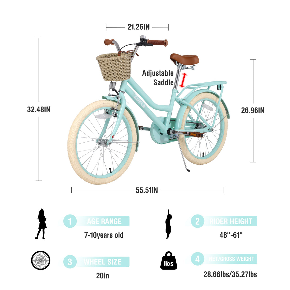 Girls Bike with Basket for 7-10 Years Old Kids - 20 Inch Wheel