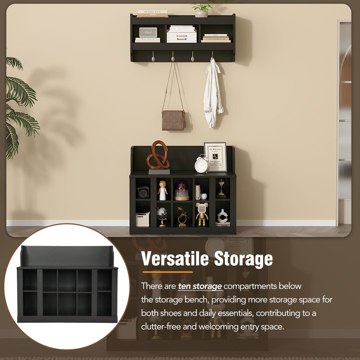 ON-TREND Shoe Storage Bench with Shelves and Hooks