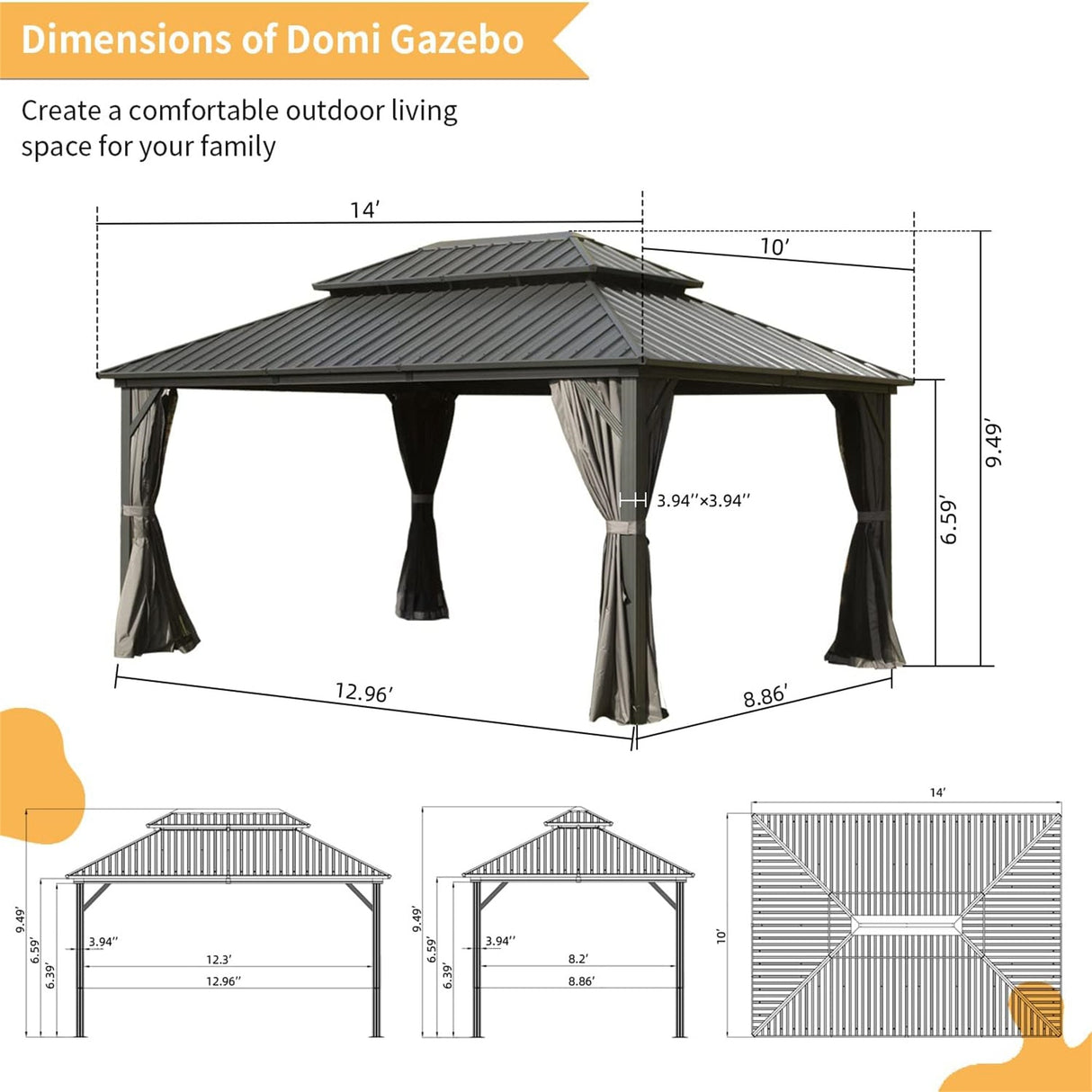 10' X 14' Hardtop Aluminum Gazebo with Steel Canopy