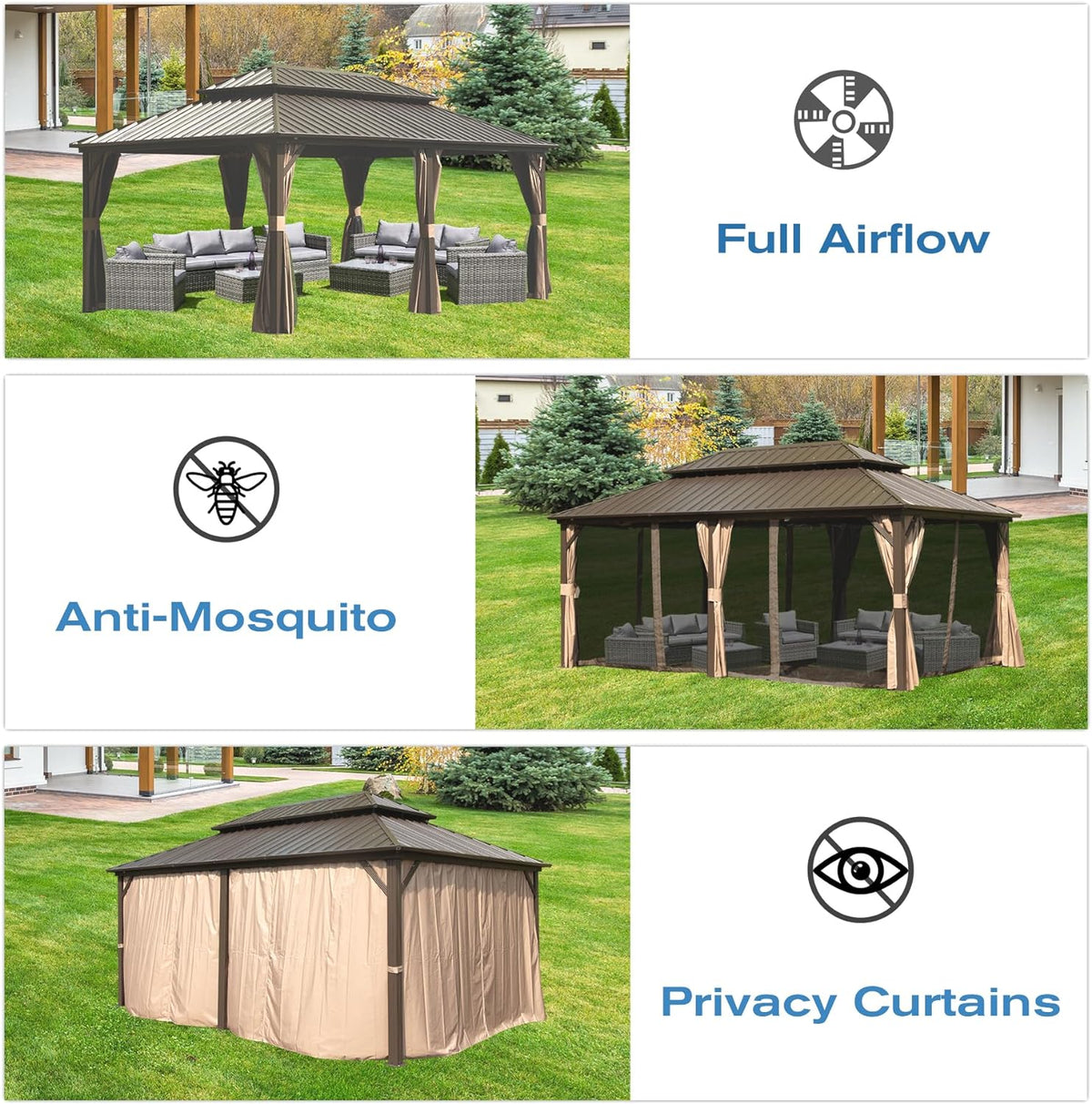 12' x 20' Hardtop Gazebo with Galvanized Steel Double Roof Canopy - Brown