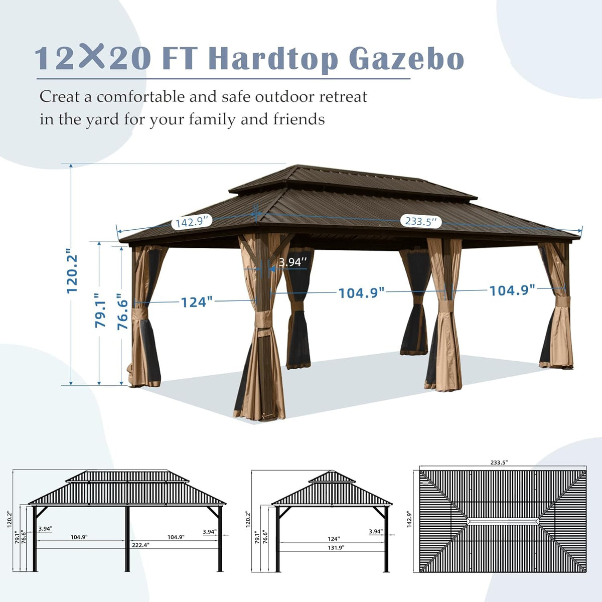 12' x 20' Hardtop Gazebo with Galvanized Steel Double Roof Canopy - Brown