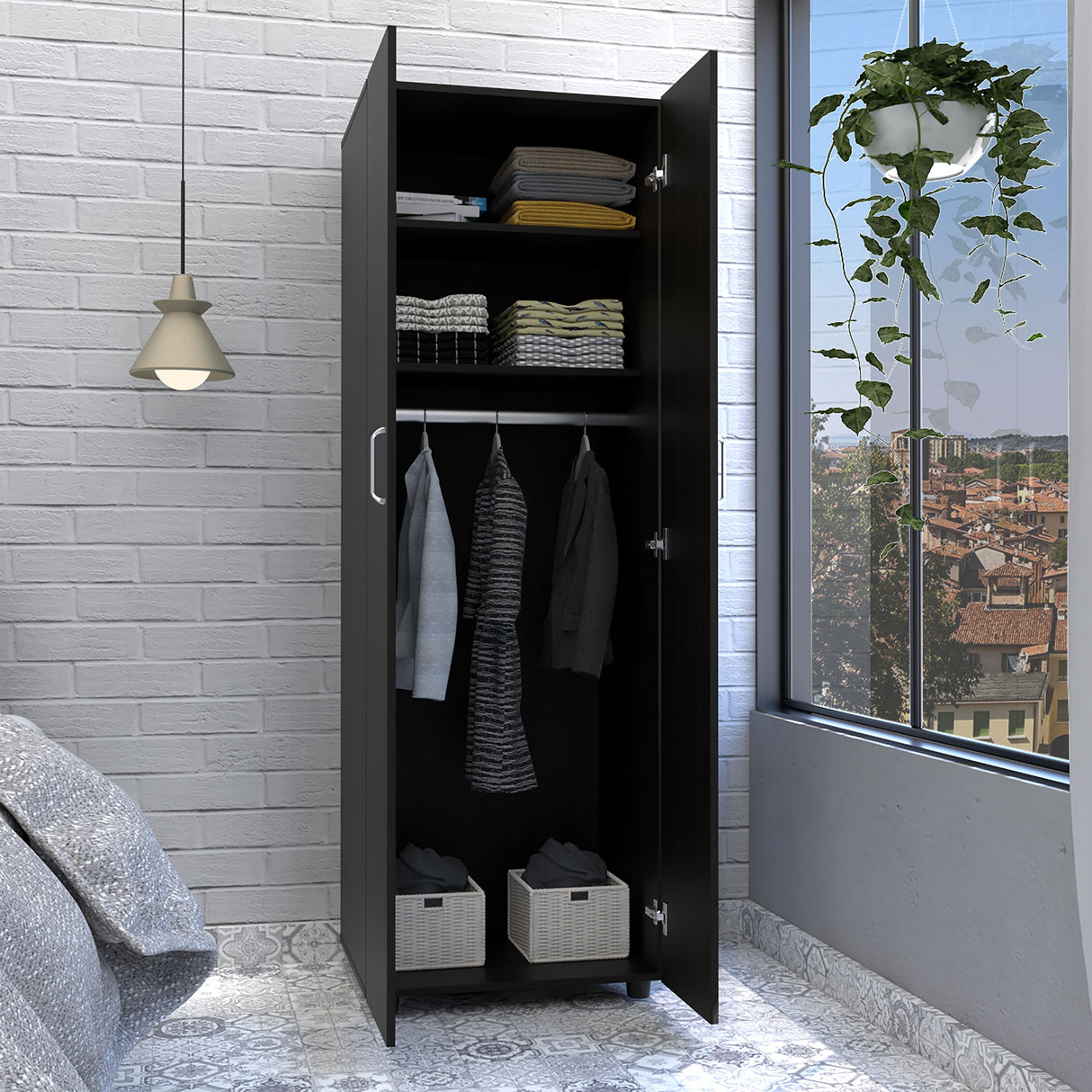 Armoire-Organiser 70.8"H, Two Shelves, Rod, Double Door Cabinet Armoire