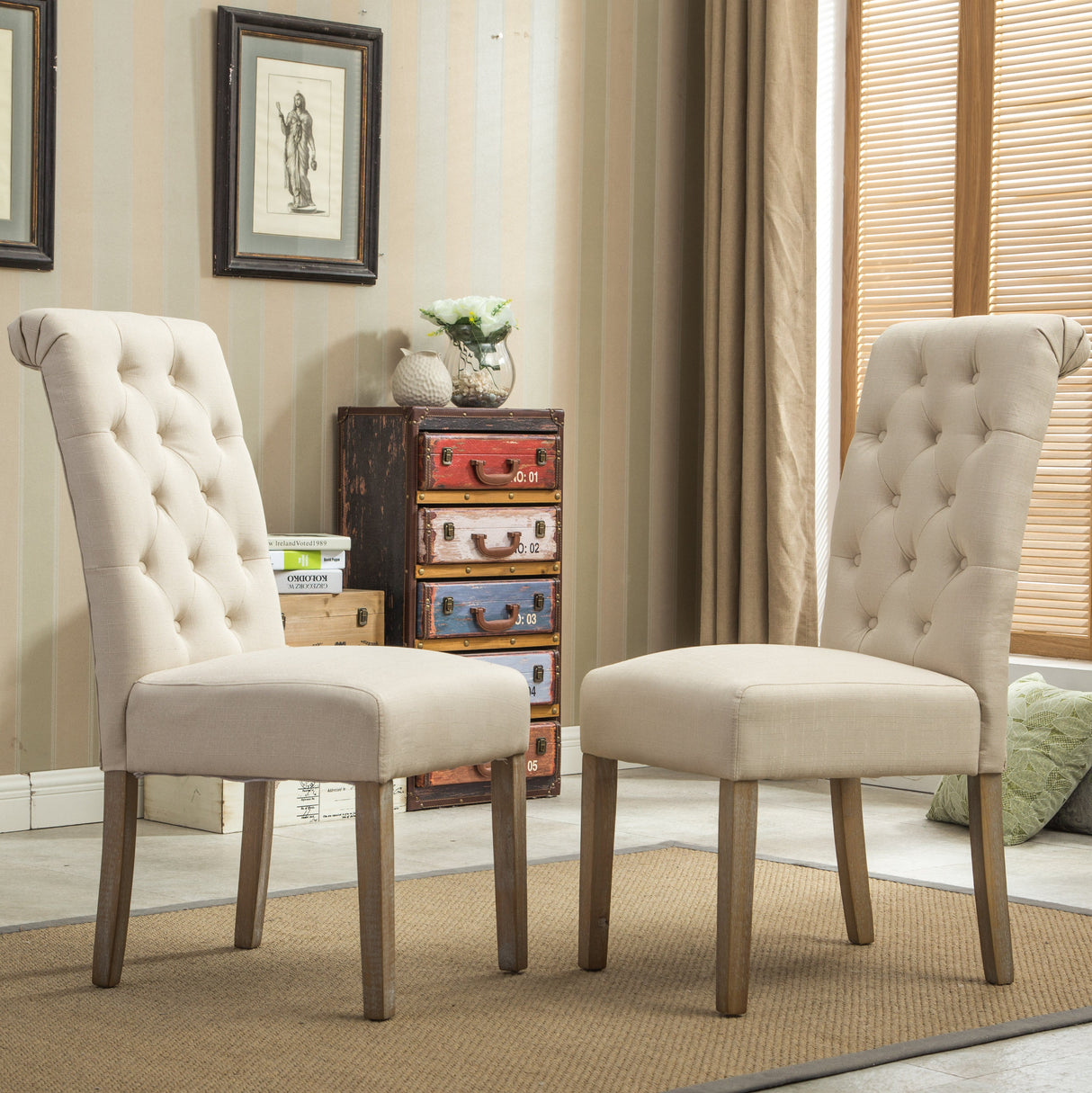 Hazel Solid Wood Button Tufted Upholstered Parsons Dining Chair, Set of 2