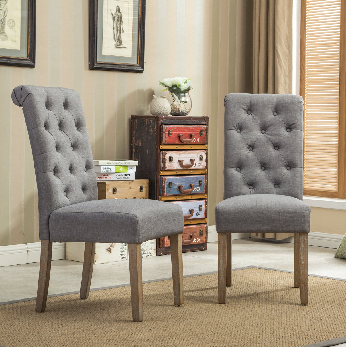 Hazel Solid Wood Button Tufted Upholstered Parsons Dining Chair, Set of 2