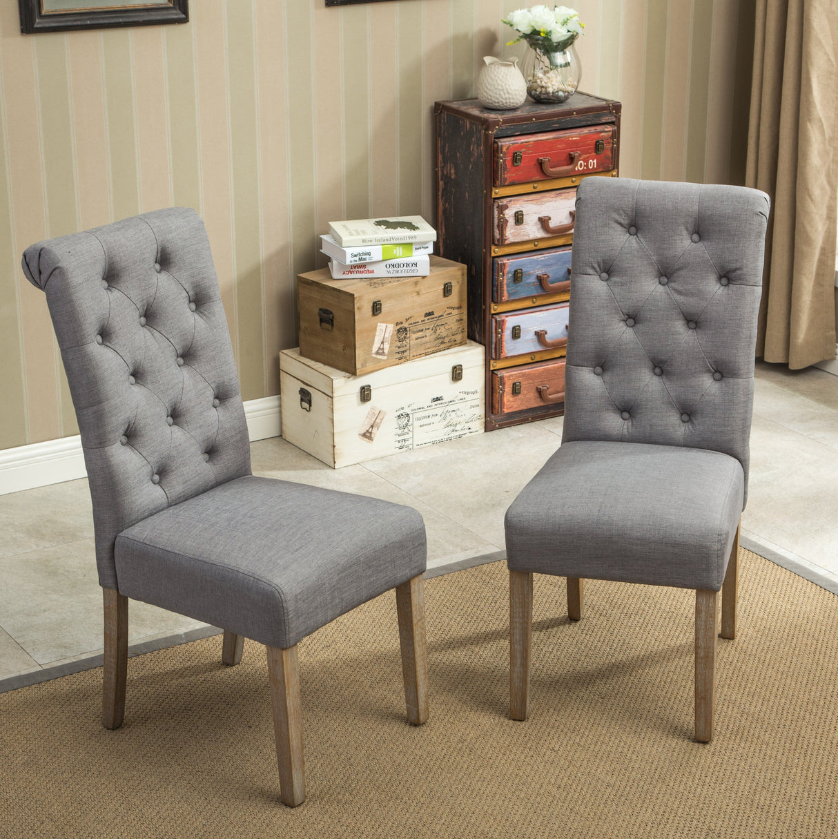 Hazel Solid Wood Button Tufted Upholstered Parsons Dining Chair, Set of 2