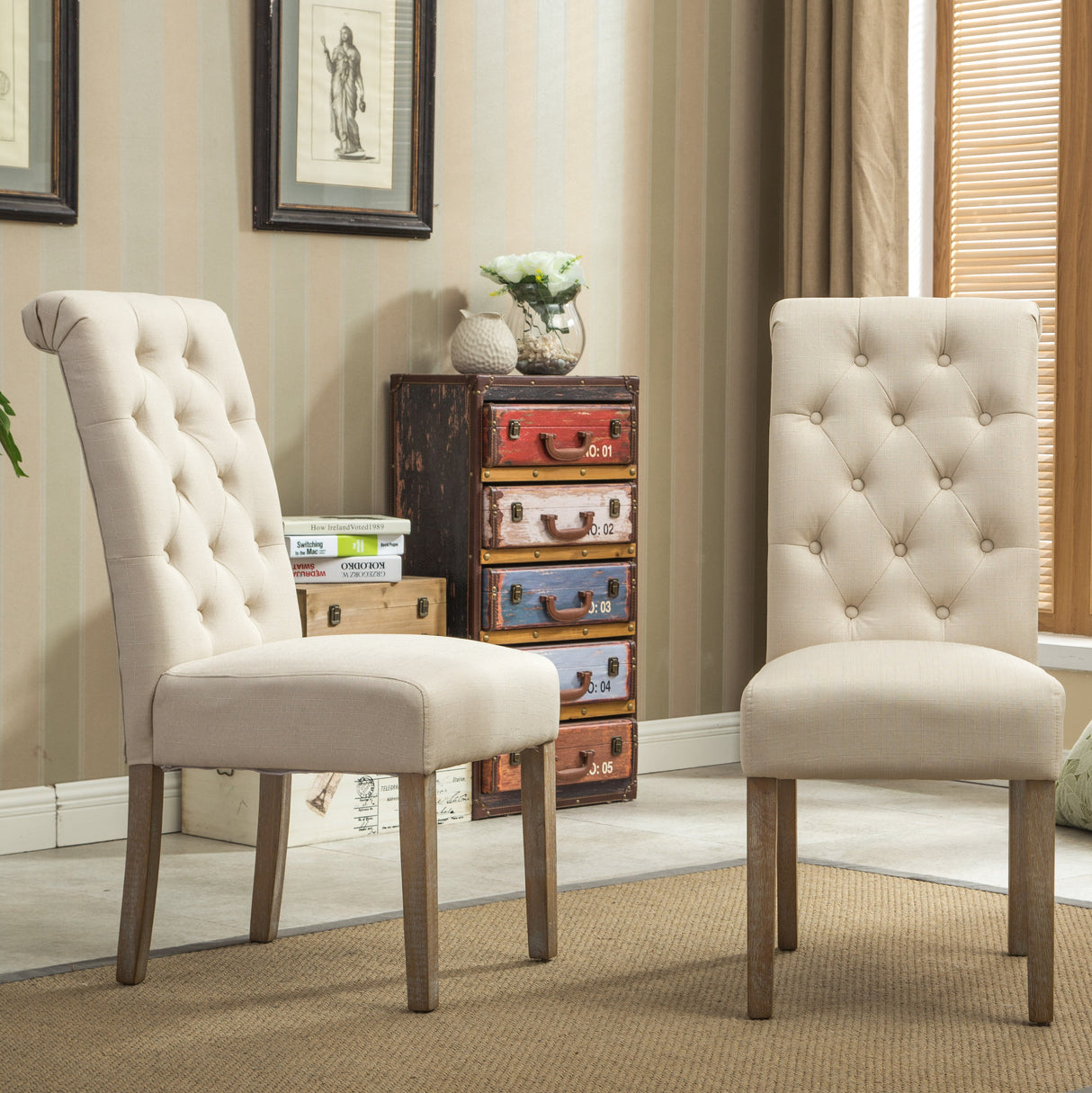 Hazel Solid Wood Button Tufted Upholstered Parsons Dining Chair, Set of 2