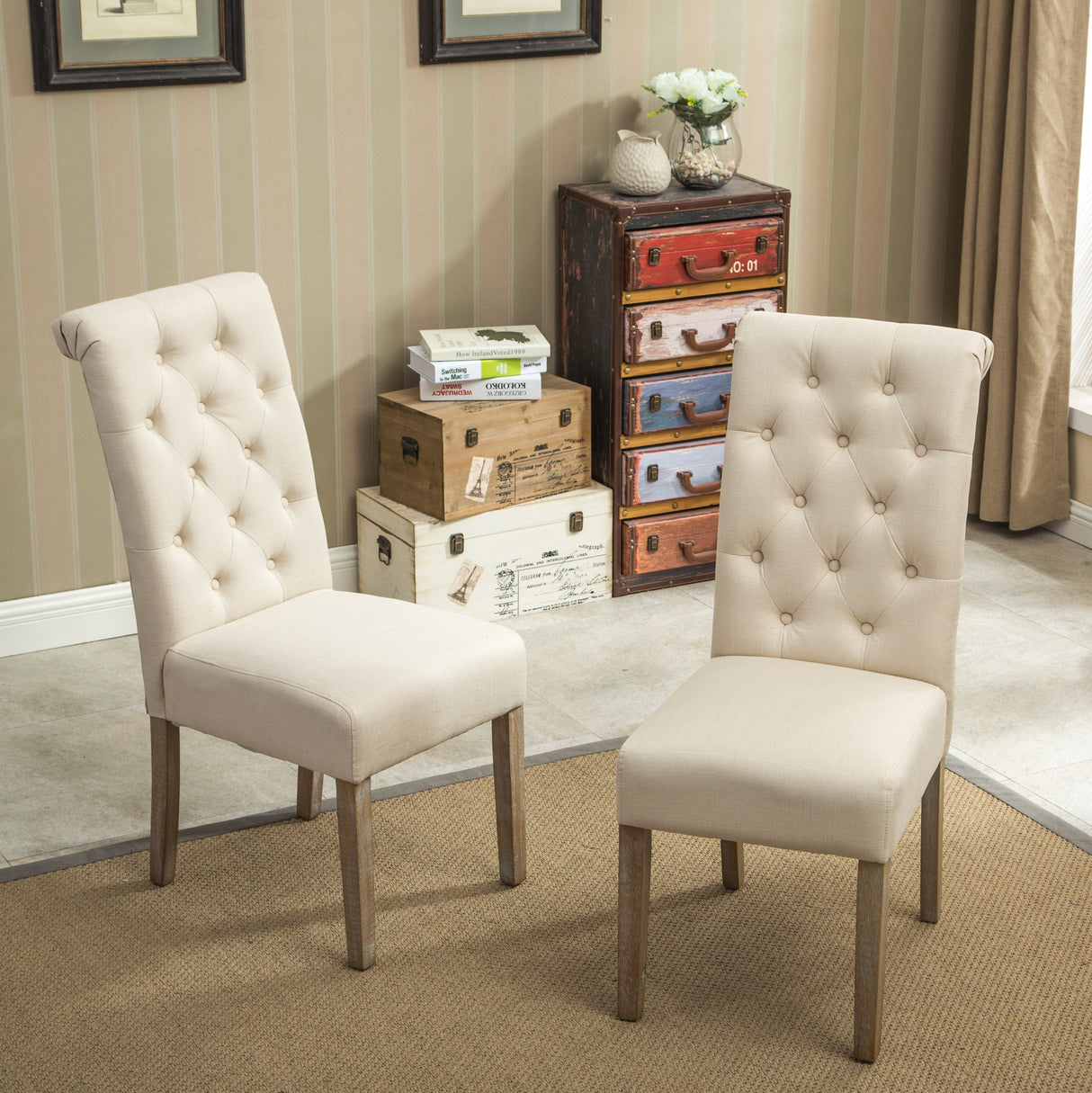 Hazel Solid Wood Button Tufted Upholstered Parsons Dining Chair, Set of 2