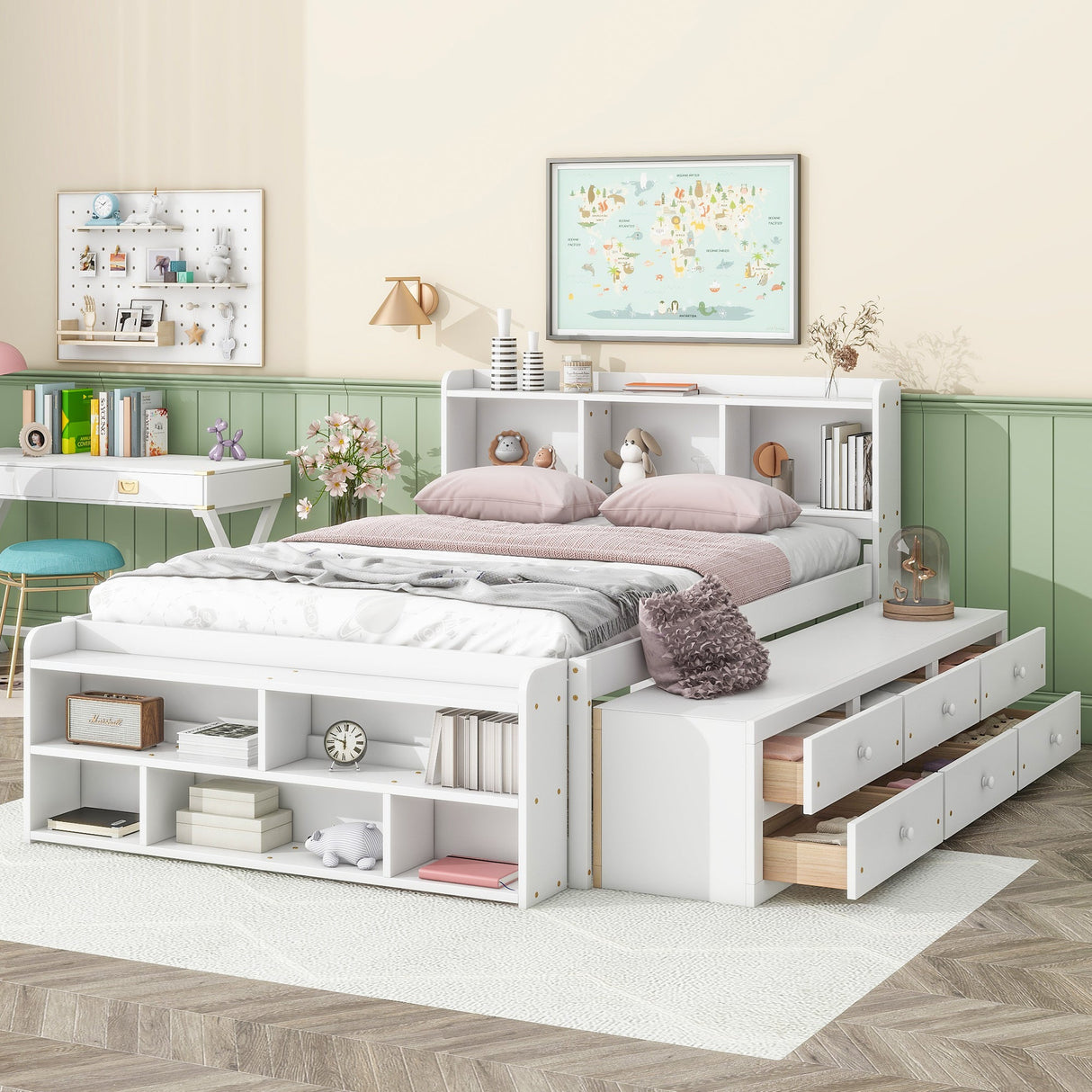 Full Bed with Bookcase Headboard, Under Bed Storage Drawers and Bed End Storage Case