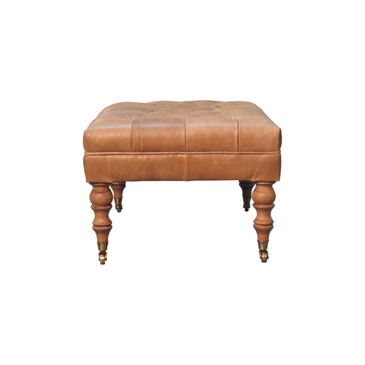 Solid Wood Buffalo Leather Ottoman with Castor Legs