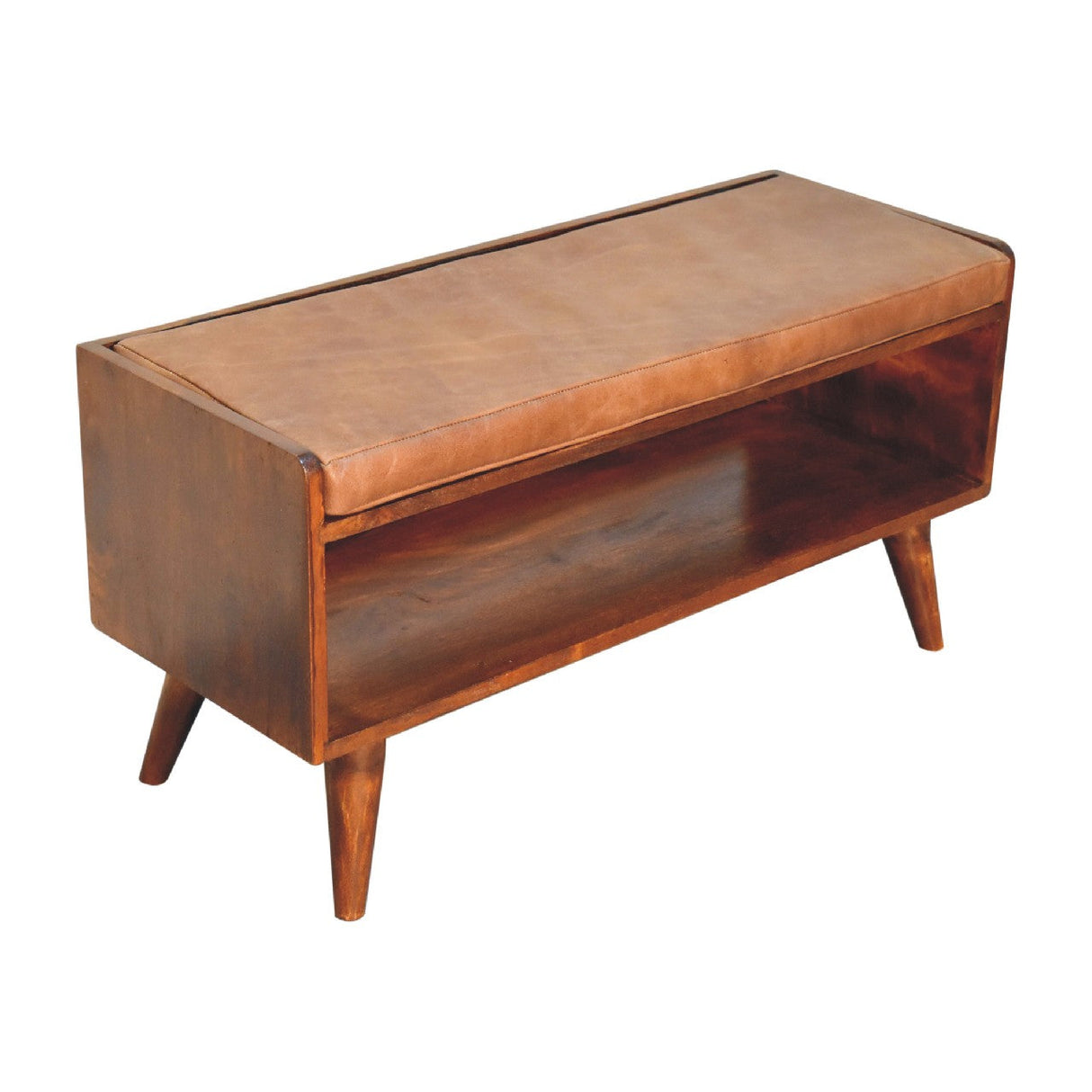 Solid Wood Chestnut Bench with Leather Seat Pad