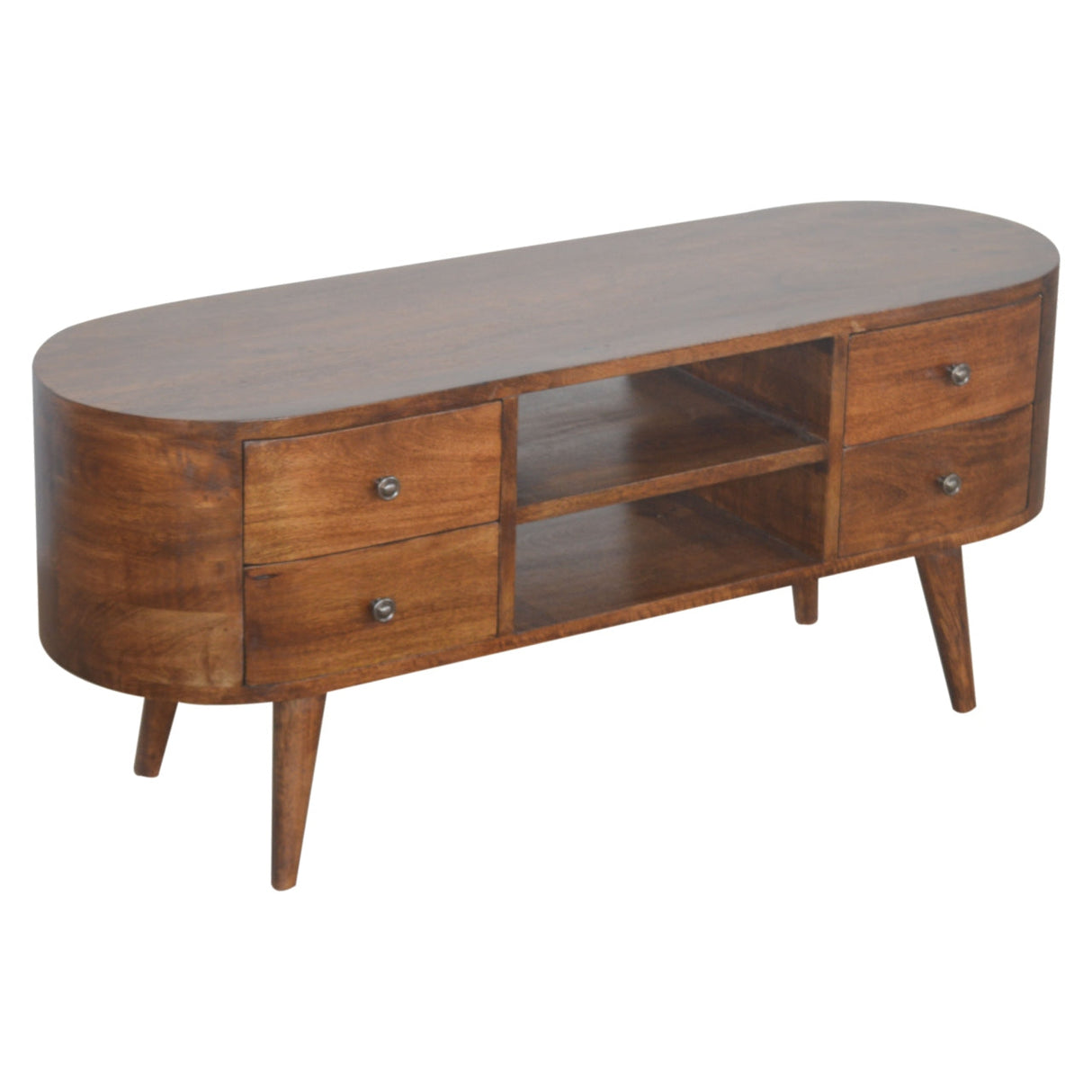 Chestnut Rounded Entertainment Unit, Nordic Legs, 4-Drawers, 2 Open Slot