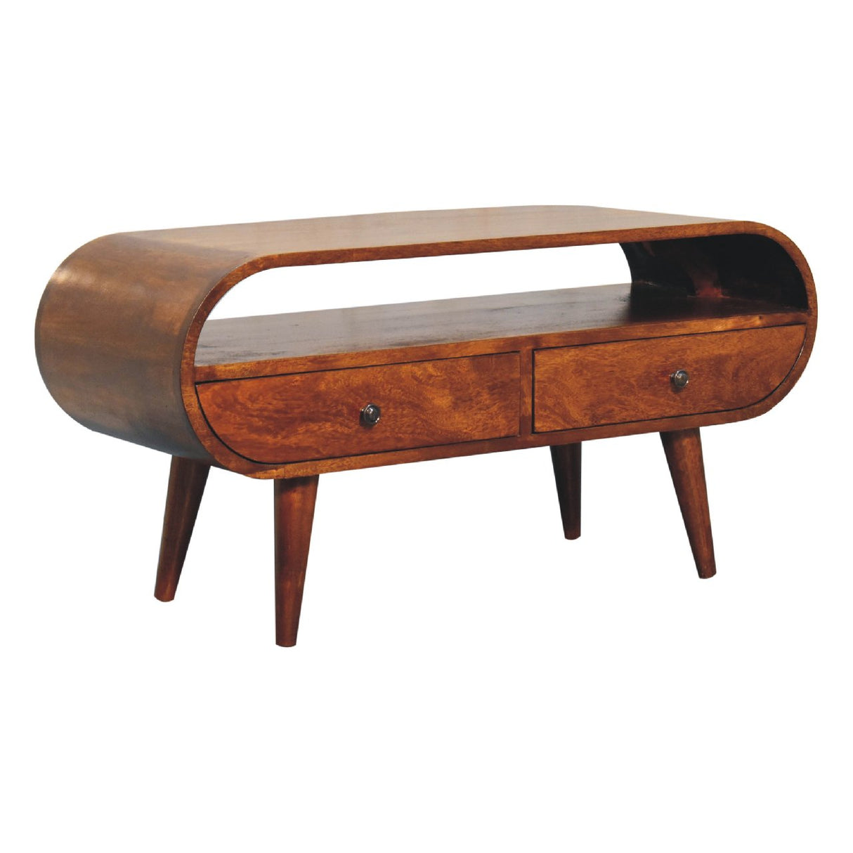 Chestnut Circular TV Stand, 2-Drawers, Open Slot, Nordic Legs