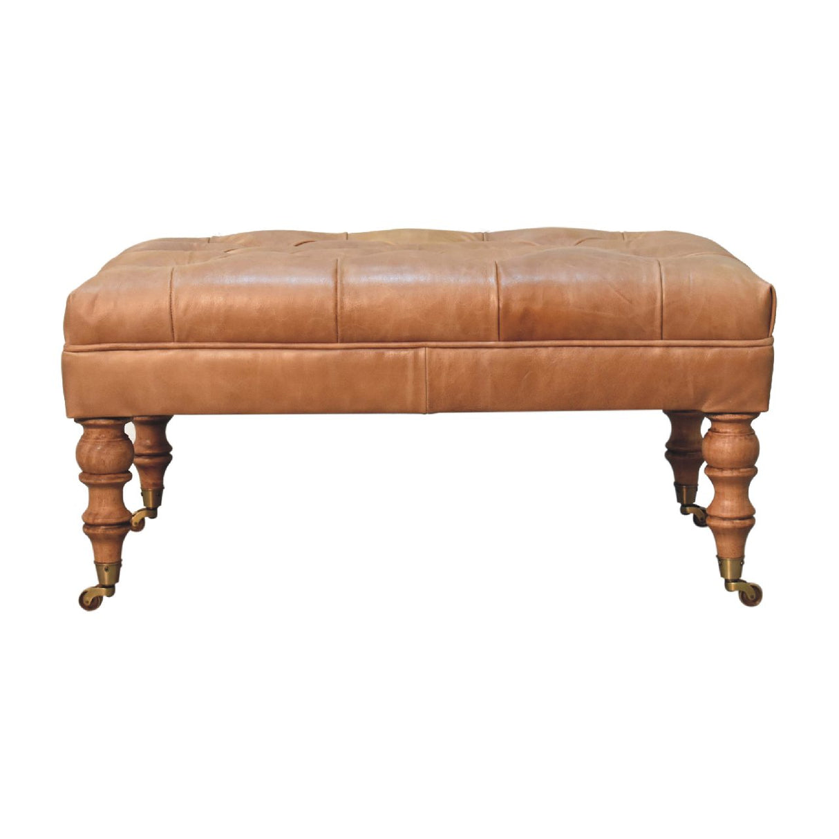 Solid Wood Buffalo Leather Ottoman with Castor Legs