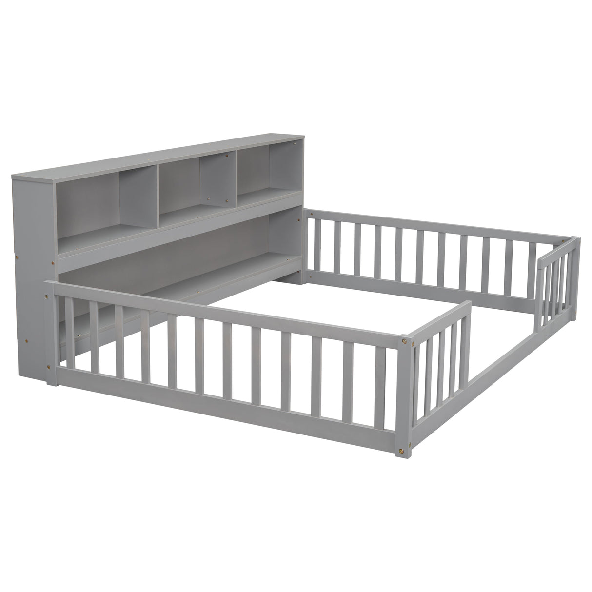 Full Floor Bed with Side Bookcase, Shelves, Guardrails