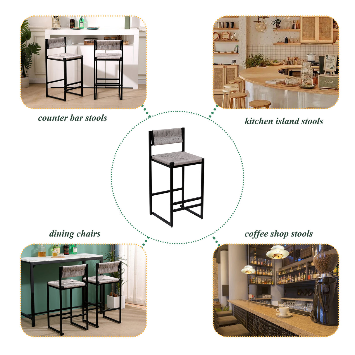 Gray Set of 2 Hand Weave Bar Stools with Back