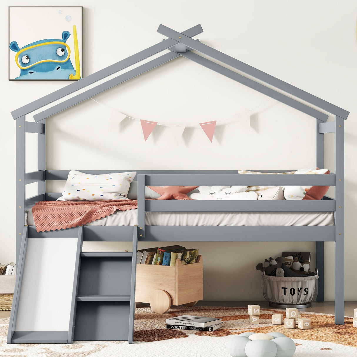 Twin Low Loft House Bed with Slide