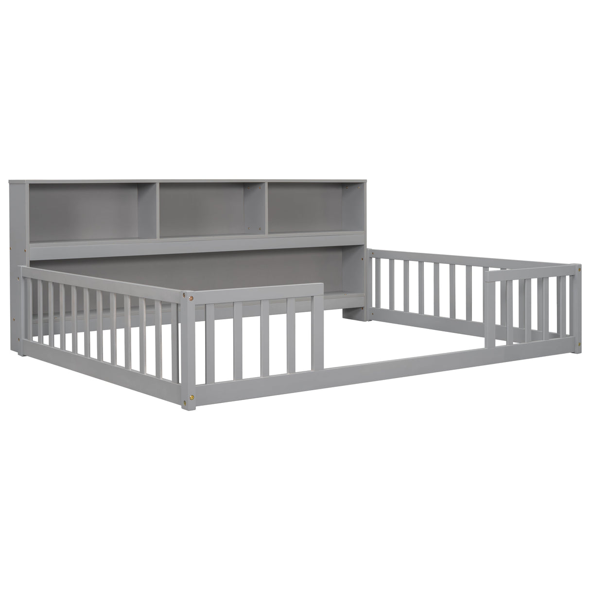 Full Floor Bed with Side Bookcase, Shelves, Guardrails
