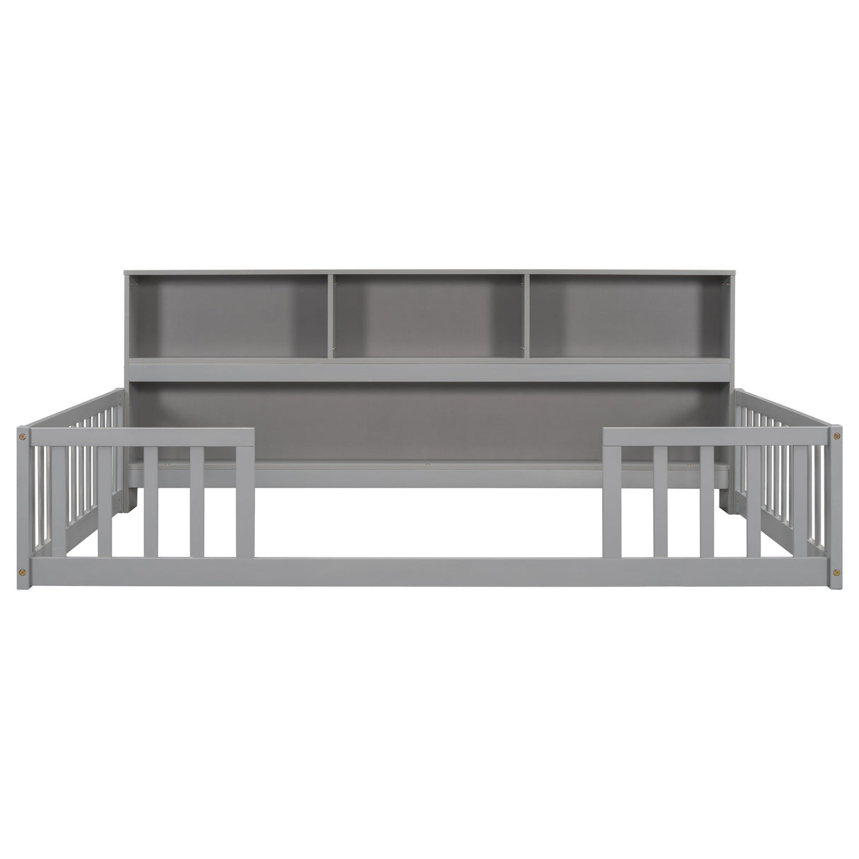 Full Floor Bed with Side Bookcase, Shelves, Guardrails