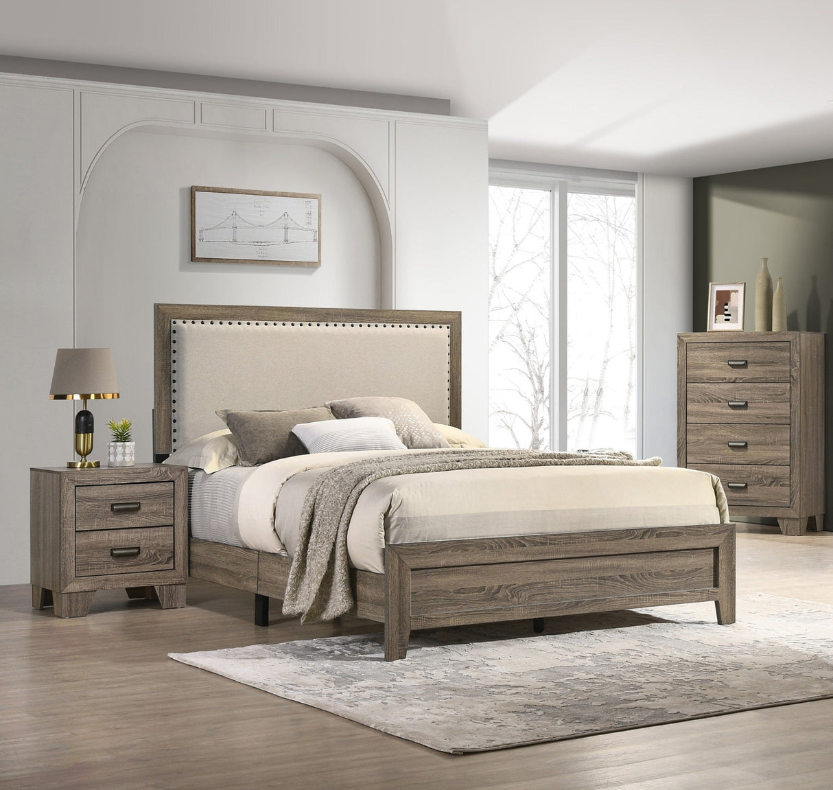 Wood Bed with Tufted Upholstered Headboard