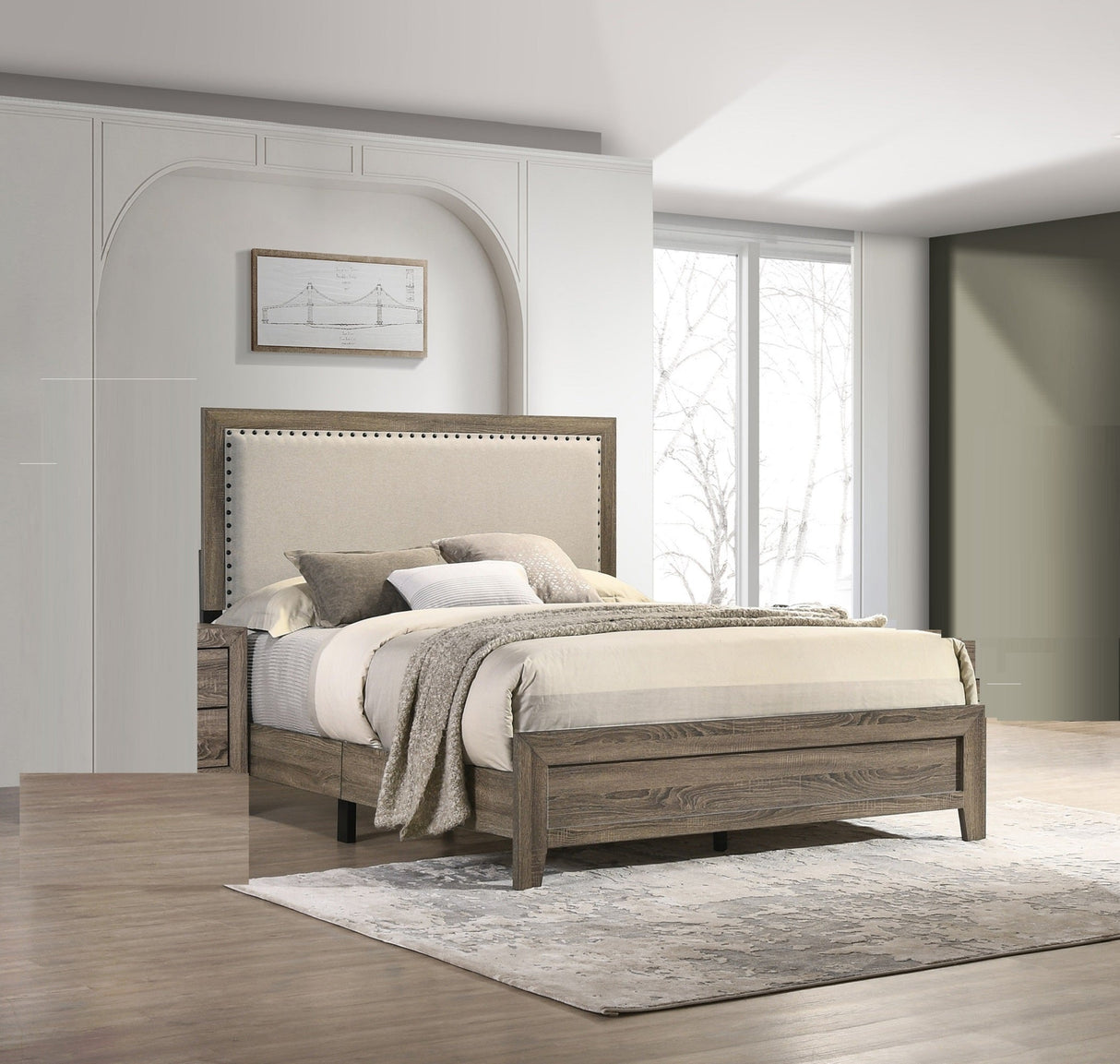 Wood Bed with Tufted Upholstered Headboard