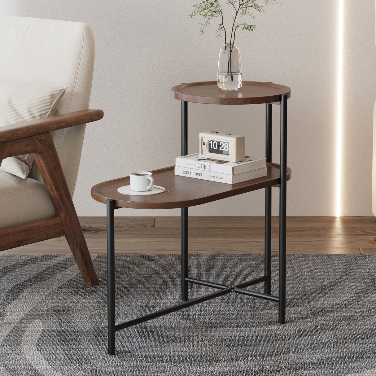 Small Coffee Tables 2-Tier Modern Sofa Side Table with Wood Storage Shelf
