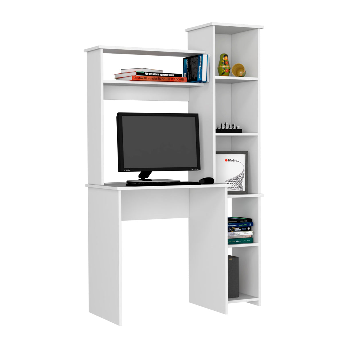 Versalles Writing Desk, Two Superior Shelves, Five Cubbies - White