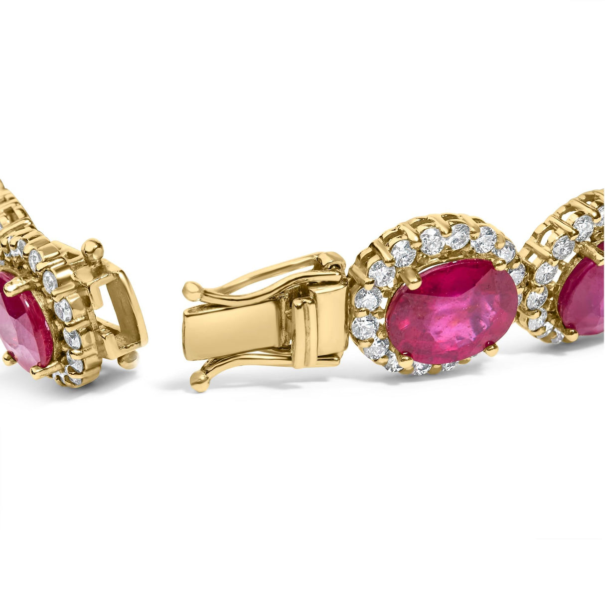 14K Yellow Gold 6 2/5 Cttw Diamond and 34.0 Cttw Oval Red Ruby Halo Link Bracelet (I-J Color, SI1-SI2 Clarity) - 7.25" Inches
