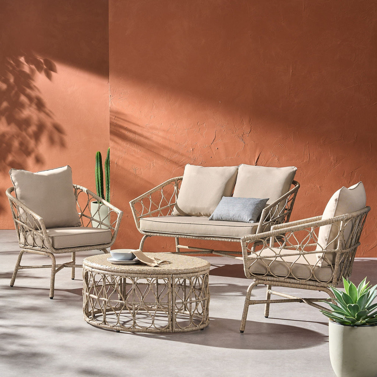 Bruce - Boho Inspired 4 Pieces Chat Set With Water Resistant Cushions - Brown