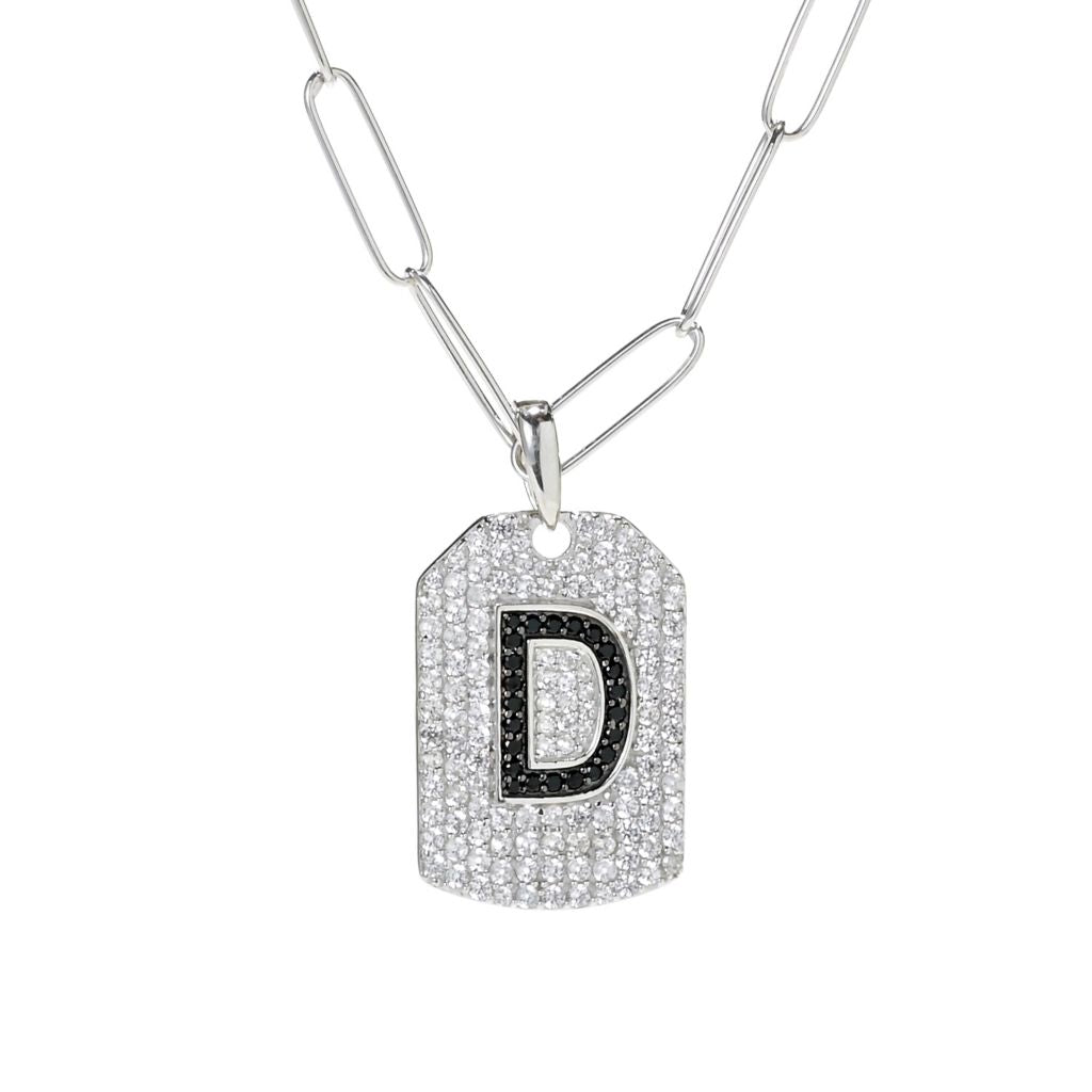 Gem Treasures Black Spinel & White Zircon Initial Dog Tag w/ Chain