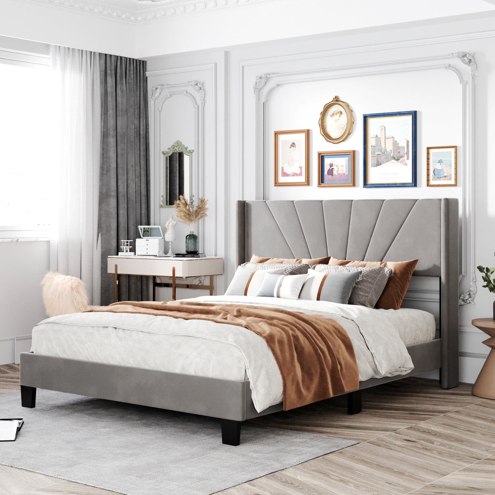 Queen-Size-Velvet-Upholstered-Platform-Bed,-Box-Spring-Needed-Gray-Beds-&-Bed-Frames