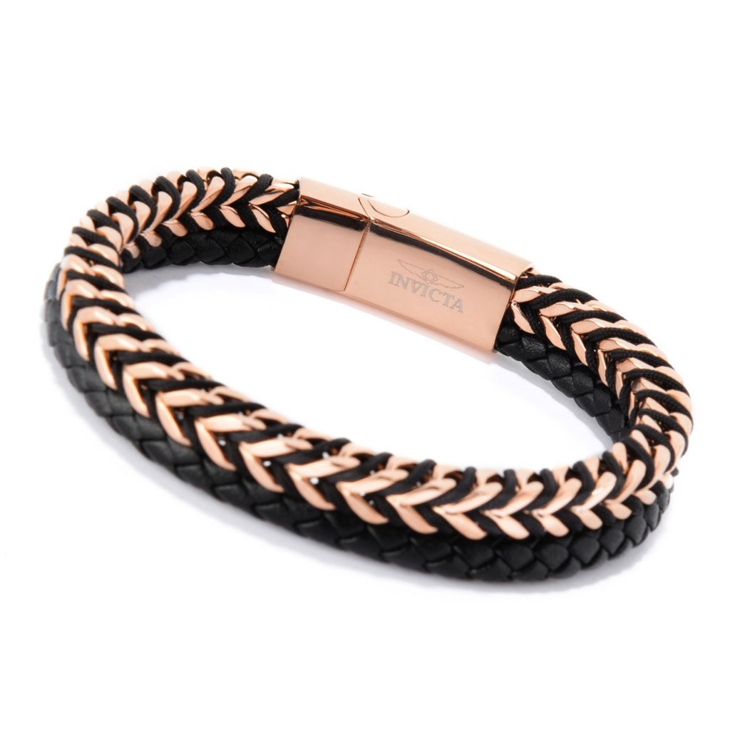 Invicta Jewelry 8.75" Stainless Steel Chain & Leather Bracelet