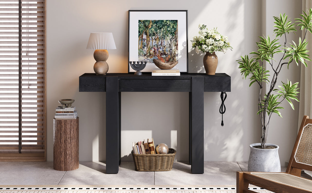 TREXM Rustic Minimalist Console Table with Hidden Drawer, Side Power Outlet