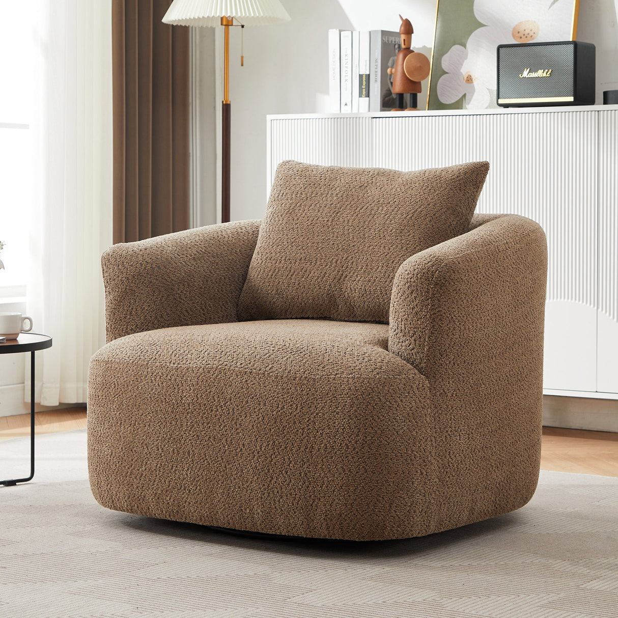 Chenille Upholstered 360° Swivel Chair with Throw Pillow, Dark Brown