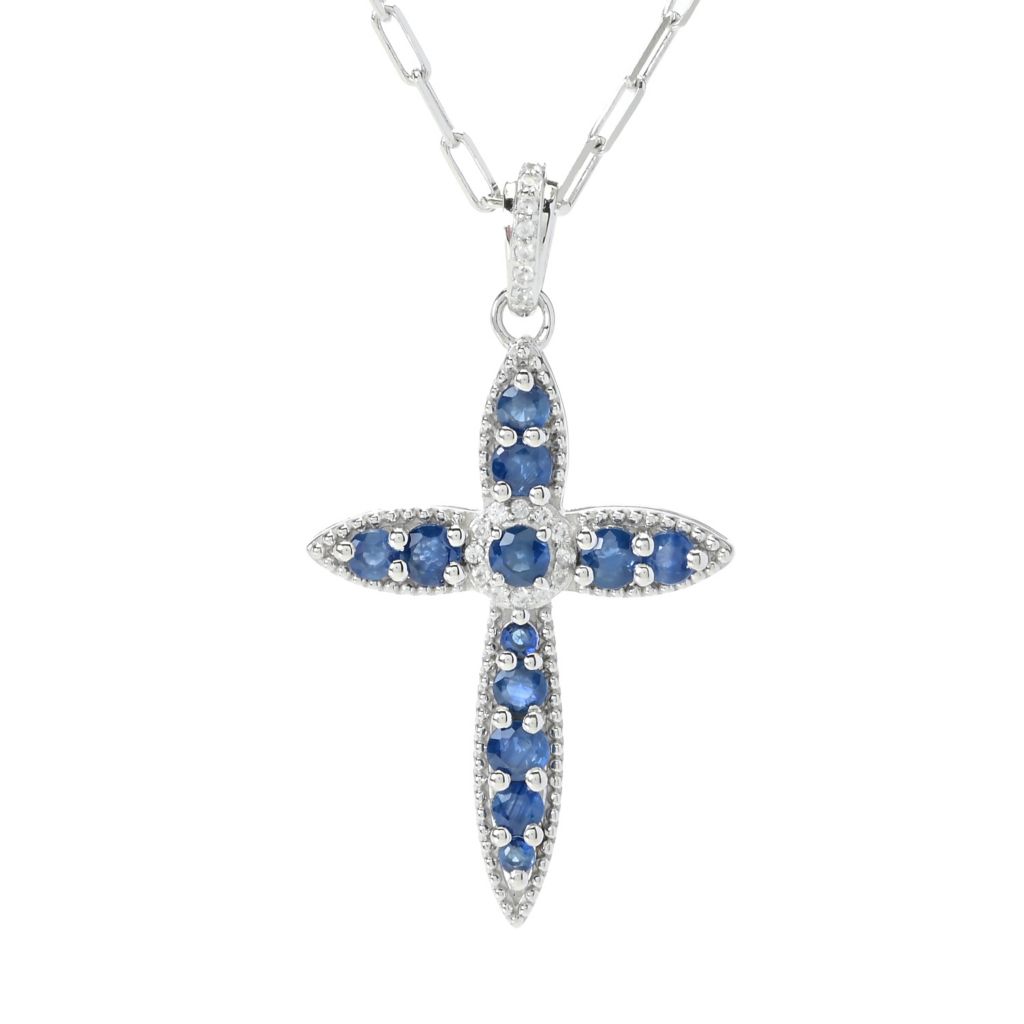 Gem Treasures 1.52ctw Ceylon Sapphire & Zircon Cross Pendant w/ Chain