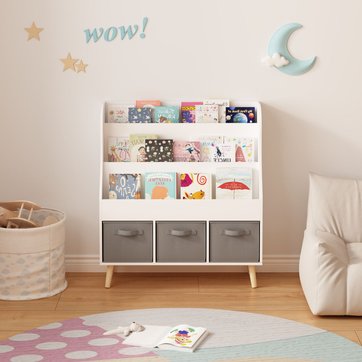 Bookshelf With 3 Storage Bins, Book Display Organizer, Front Facing Book Rack - White