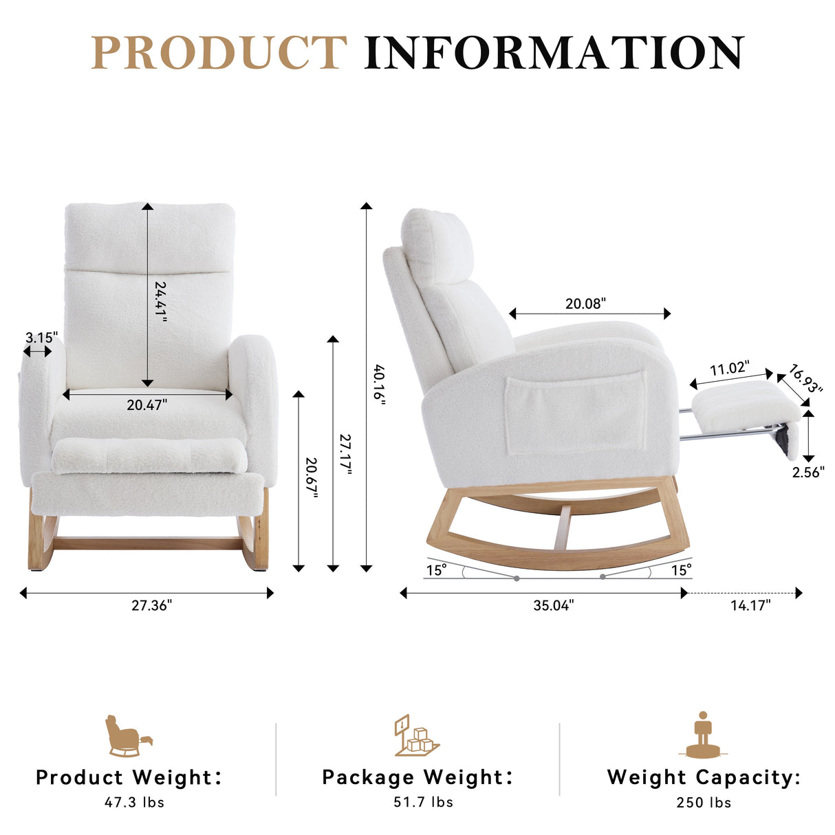 Teddy Fabric Leisure Rocking Chair with Adjustable Footstool