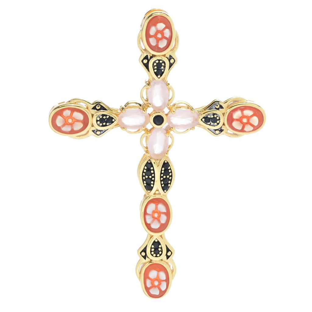 Cameo Italiano "Sacred" Floral Shell Cameo & Simulated Gem Cross Pendant