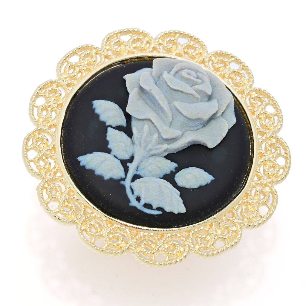 Graziella 23K Gold Plated Carved Rose Cameo Antiqued Frame Ring