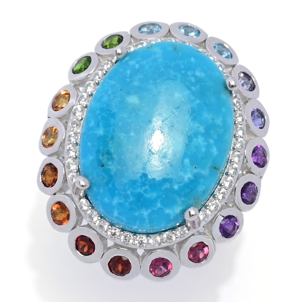 Gem Treasures 20x15mm Kingman Turquoise & Multi Gemstone Halo Ring