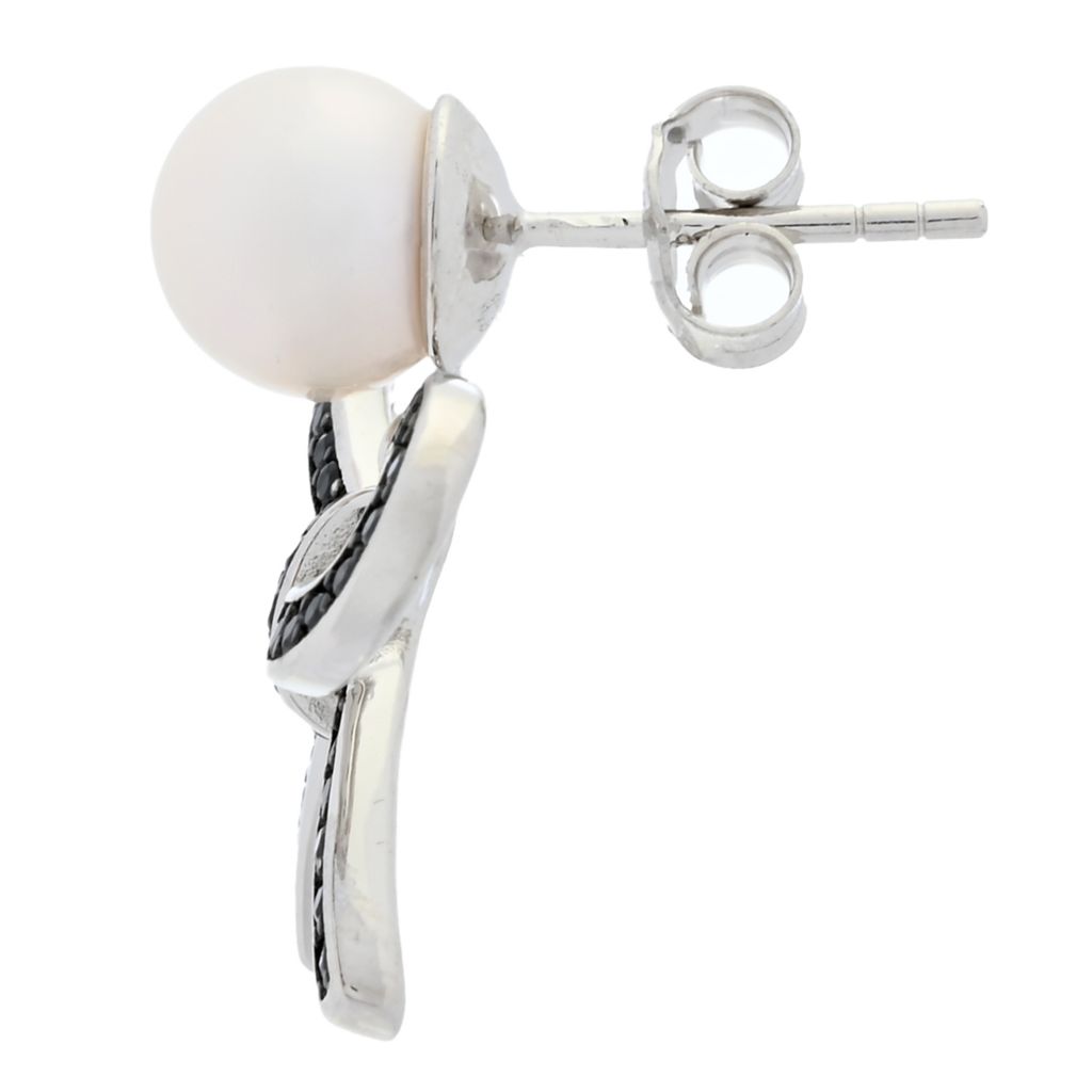 18K Gold Plated "Hollywood" Cultured Pearl & Black Spinel Bow Drop Earrings