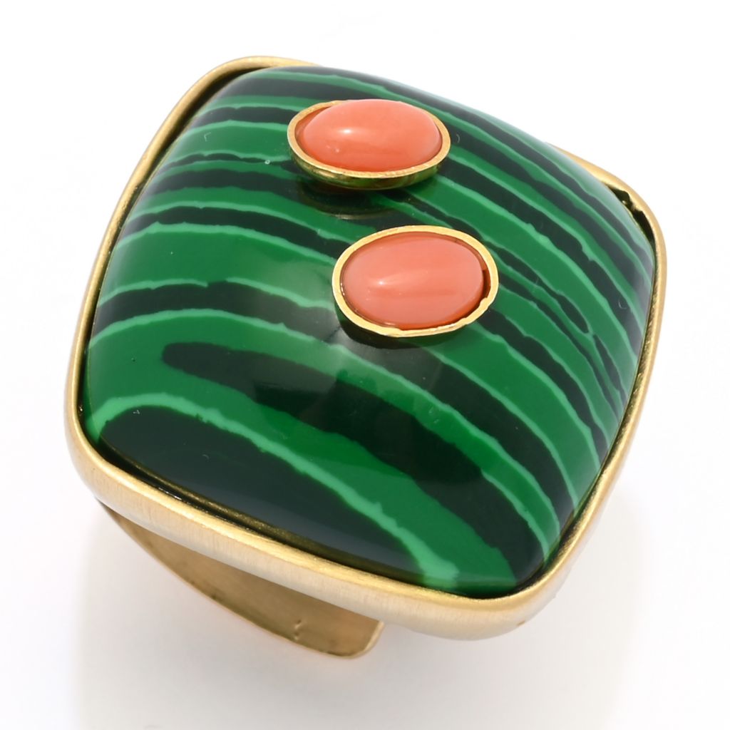 Bello Italiano 18K Gold Plated 23mm Malachite & Rose Coral Statement Ring
