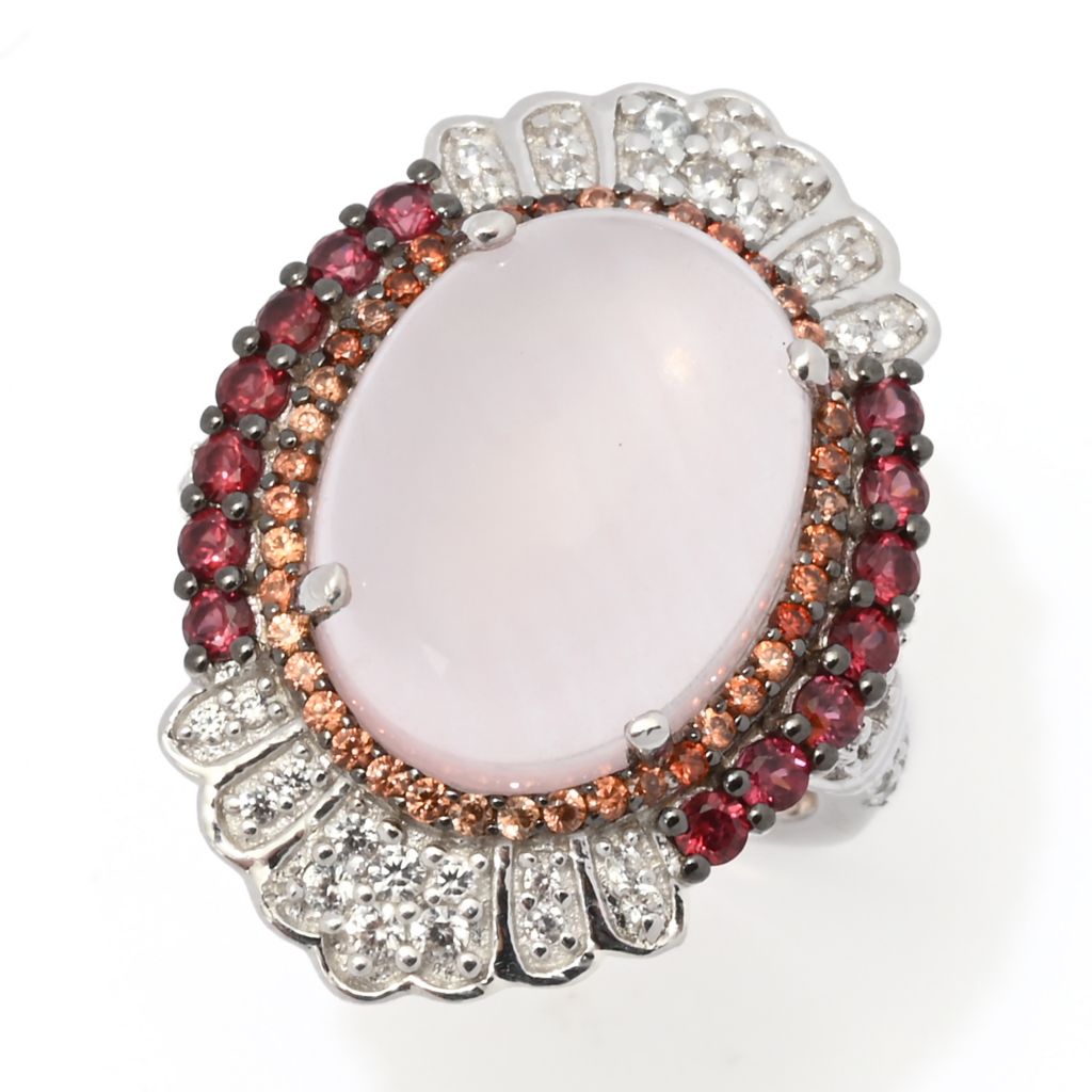 Gem Treasures 16x12mm Rose Quartz, Rhodolite Garnet & Zircon Ring