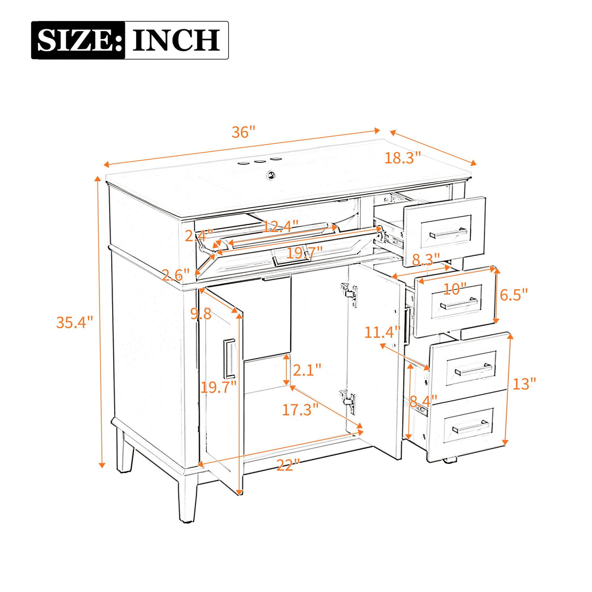 Bathroom Vanity With Ceramic Sink, Soft-Close Doors, 4 Storage Drawers - Blue