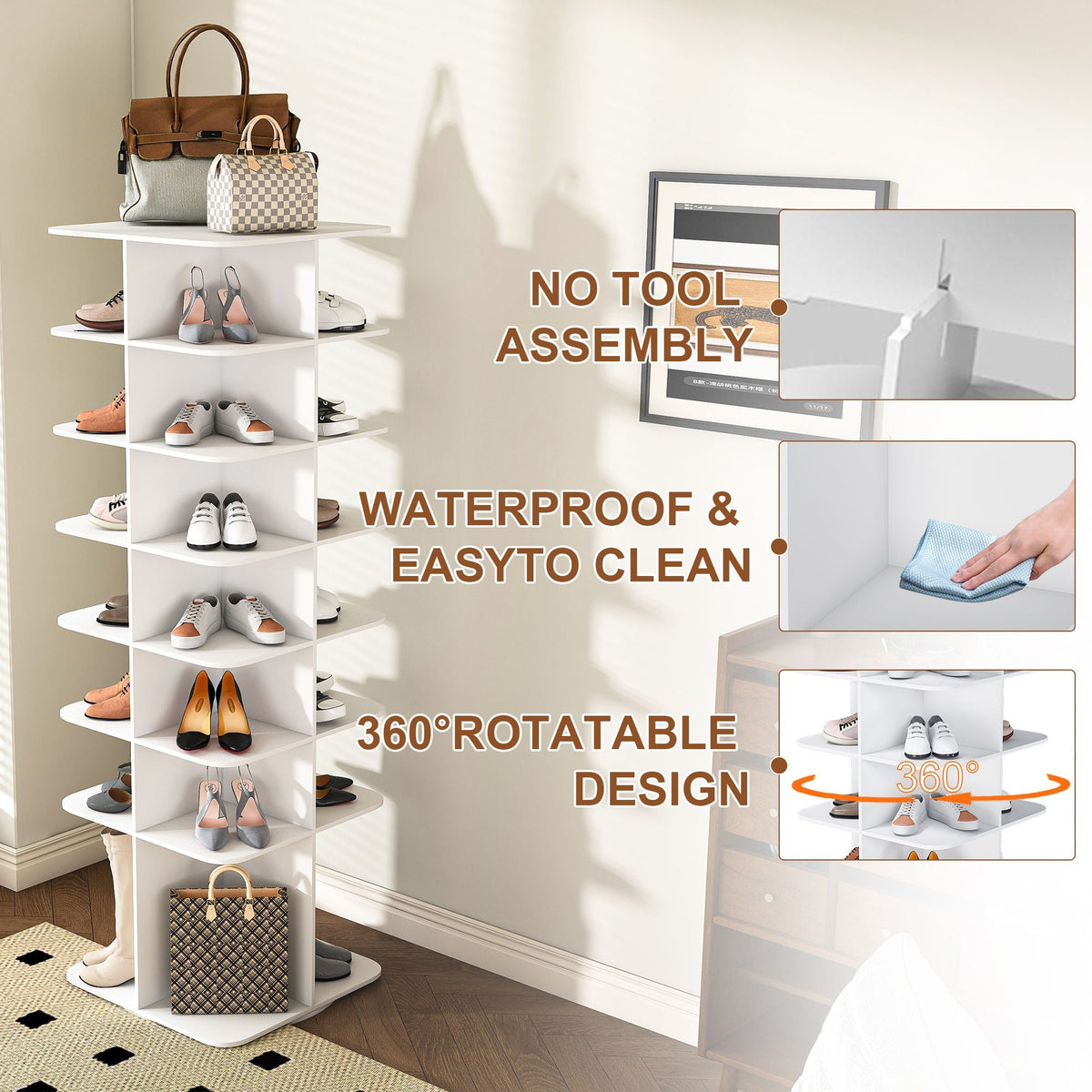 7 Tier Square Rotating Shoe Rack Tower with 360° Spinning Organizer - White